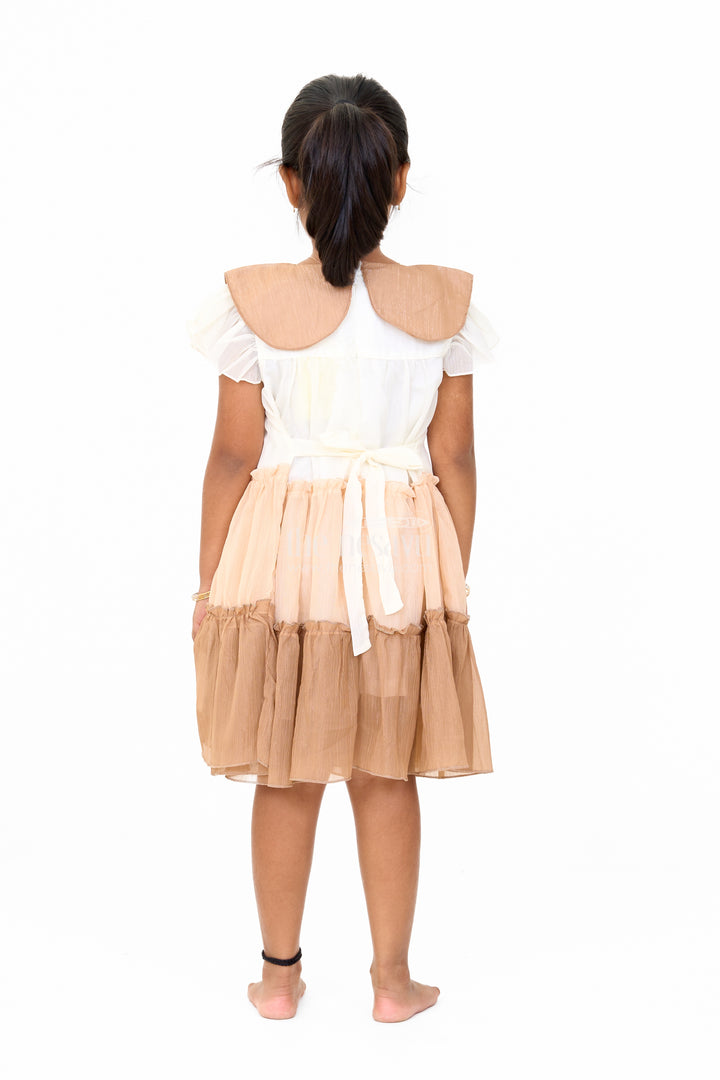 Girls Fancy Gown Party Wear with Brown Tiered Skirt and Oversized Collar