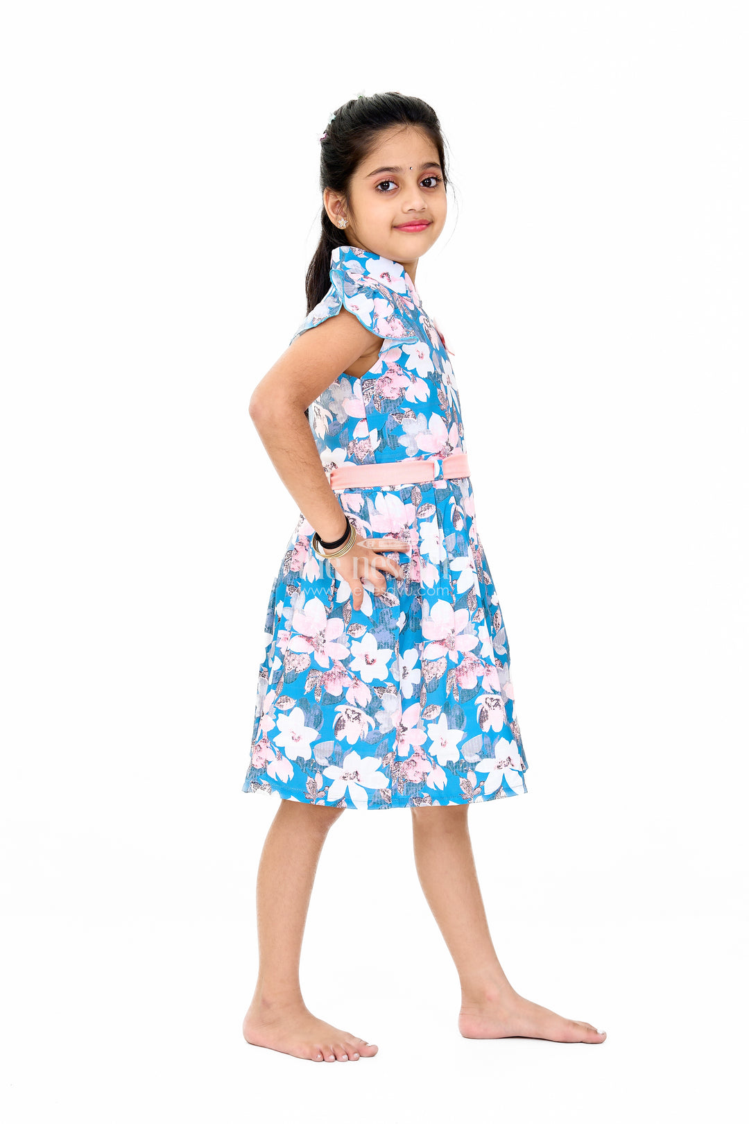 Girls Disney Princess Fancy Dress with Floral Print and Puff Sleeves