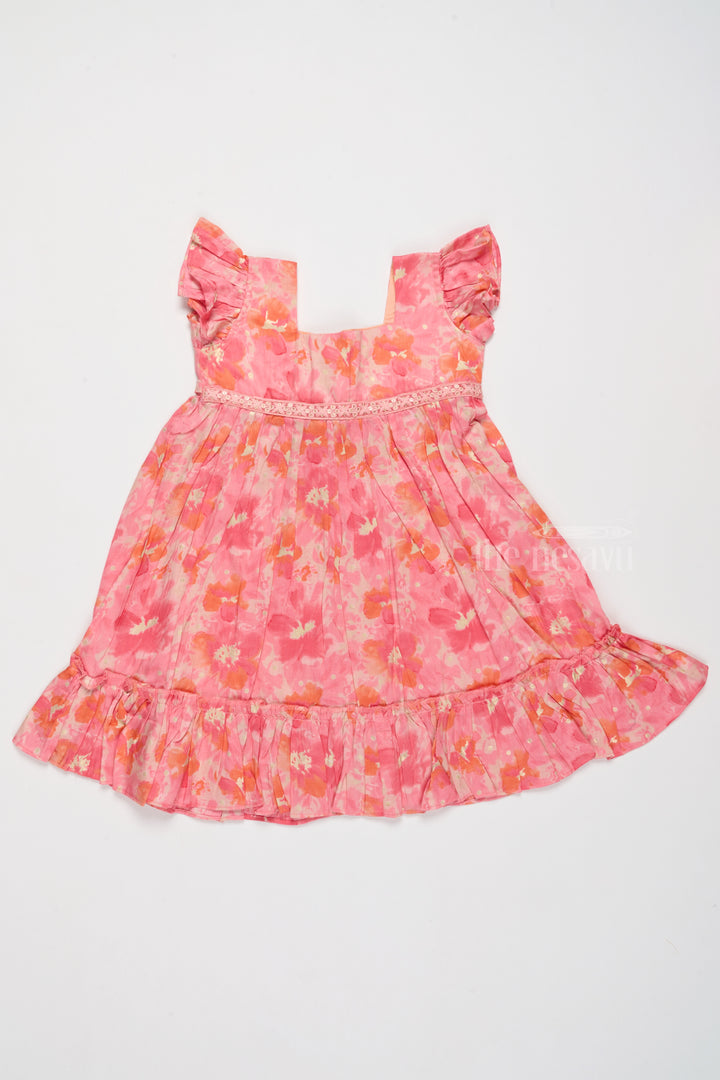 Simple Cotton Frocks for Babies in Pink with Ruffled Hem and Floral Print