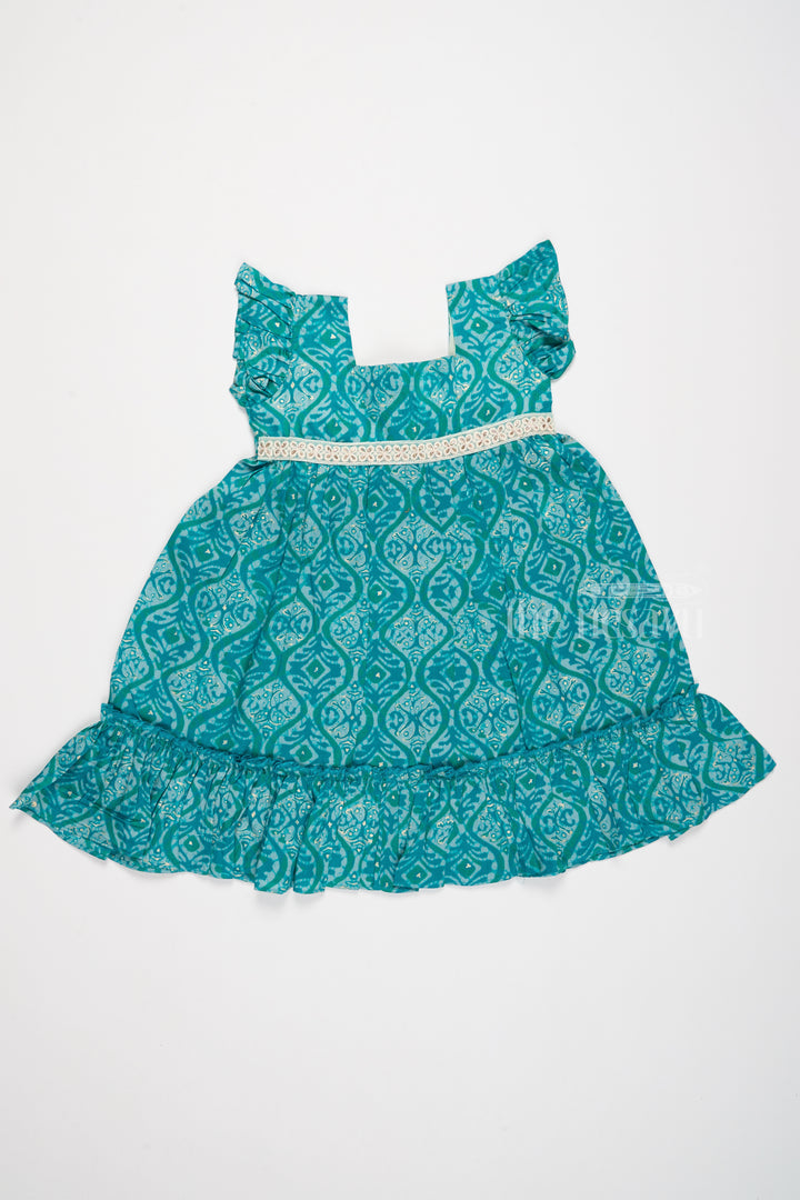 Ruffled Babydoll Mini Dress for Girls in Teal with Intricate Print