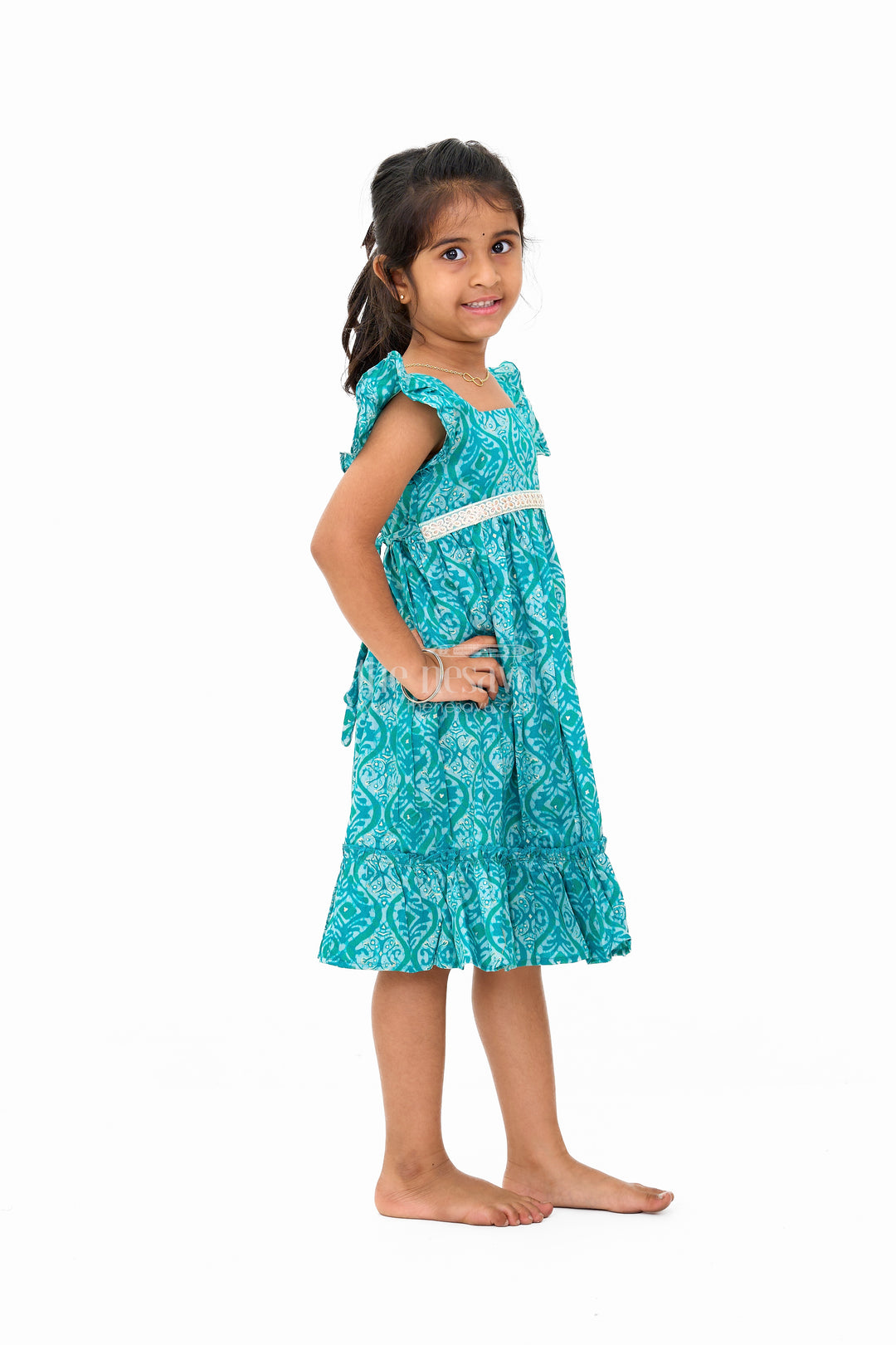 Ruffled Babydoll Mini Dress for Girls in Teal with Intricate Print