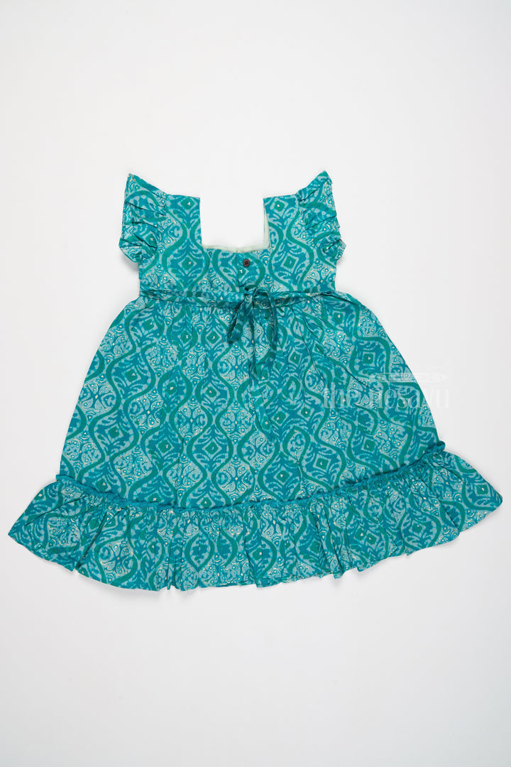 Ruffled Babydoll Mini Dress for Girls in Teal with Intricate Print