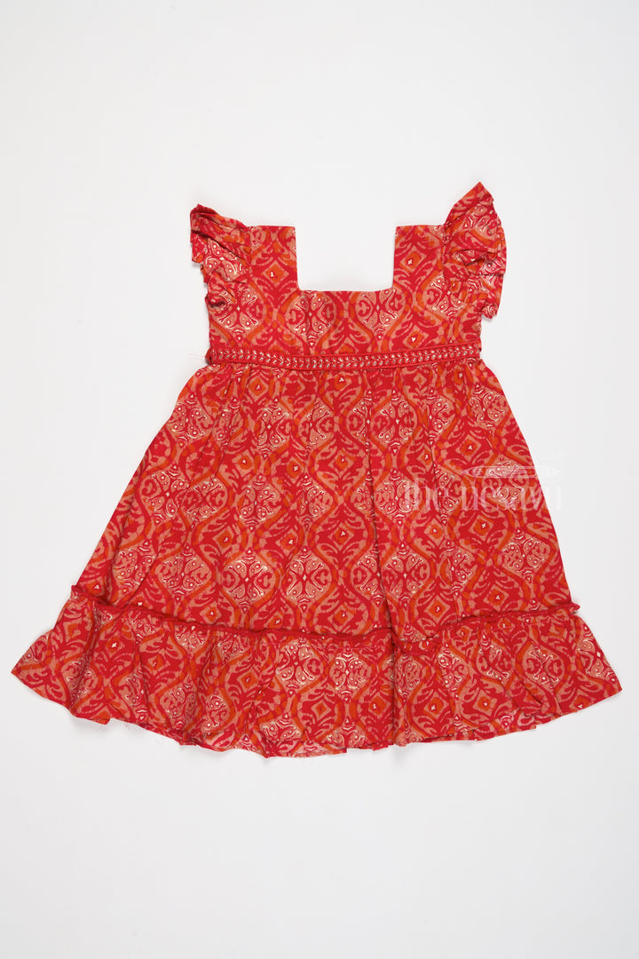 Babyhug Cotton Frock in Red with Intricate Patterns and Ruffled Hem