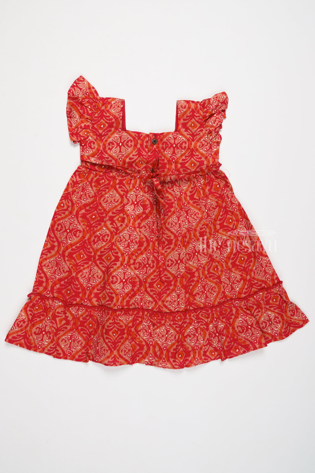 Babyhug Cotton Frock in Red with Intricate Patterns and Ruffled Hem