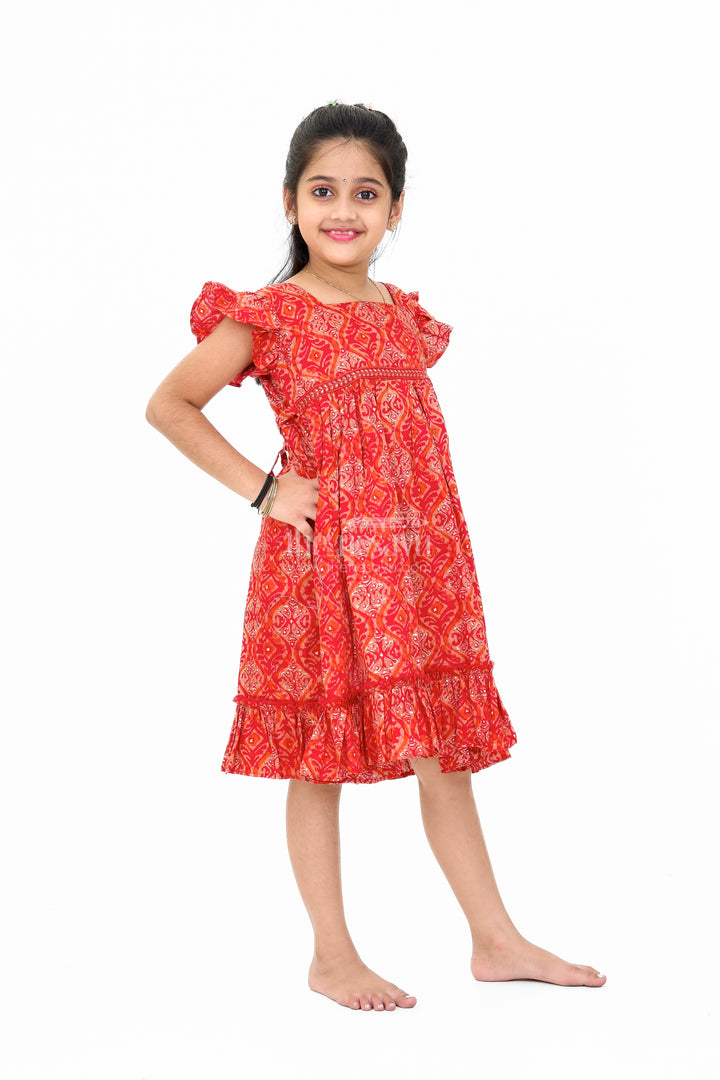 Babyhug Cotton Frock in Red with Intricate Patterns and Ruffled Hem