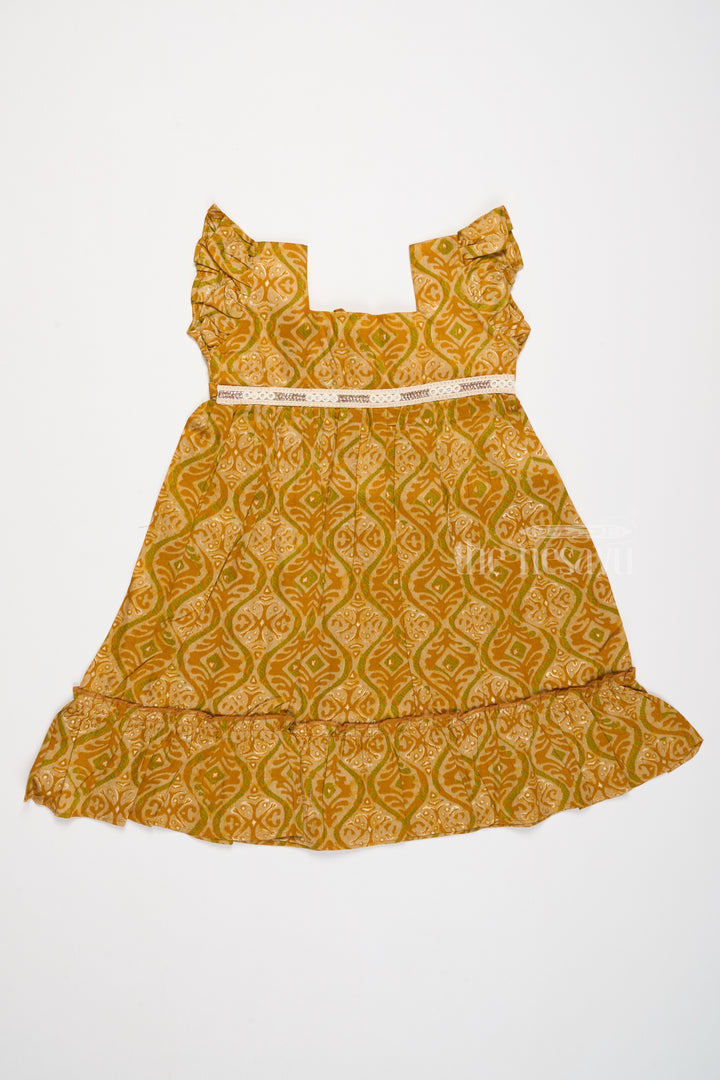 Solid Cotton Dress for Girls in Mustard with Ruffle and Lace Details