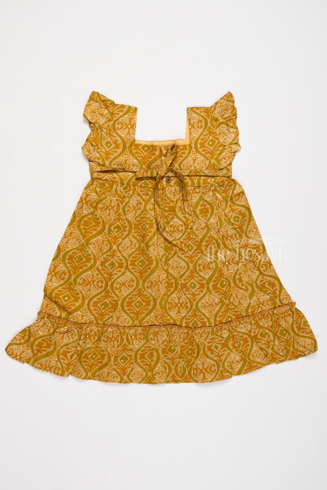 Solid Cotton Dress for Girls in Mustard with Ruffle and Lace Details