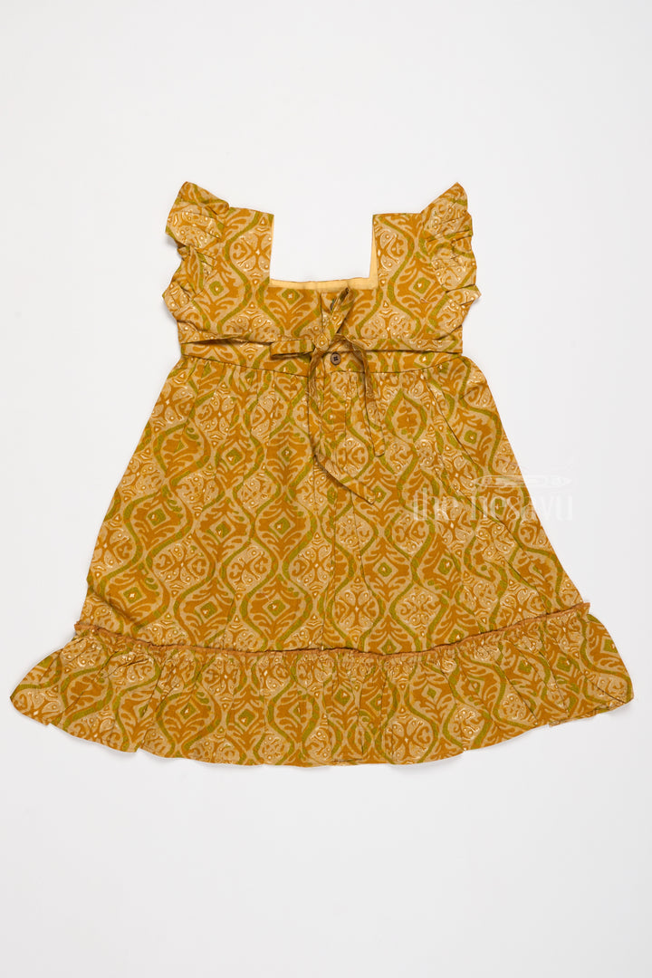 Solid Cotton Dress for Girls in Mustard with Ruffle and Lace Details