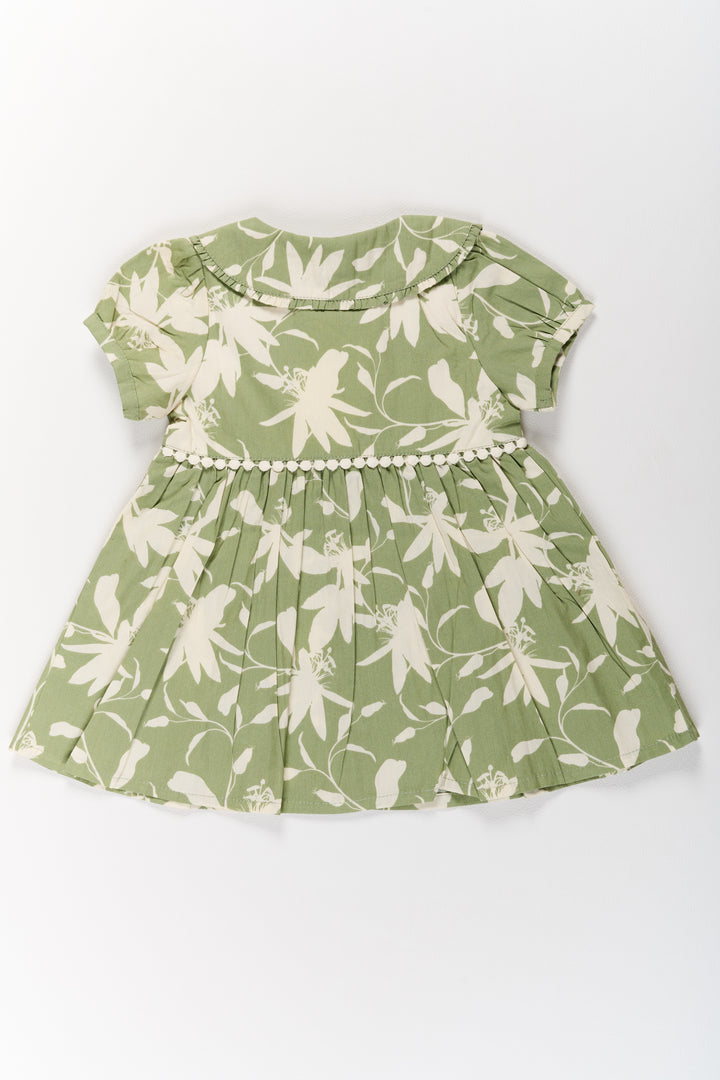 Babydoll Casual Dress for Girls in Green with Floral Patterns and Lace Accents