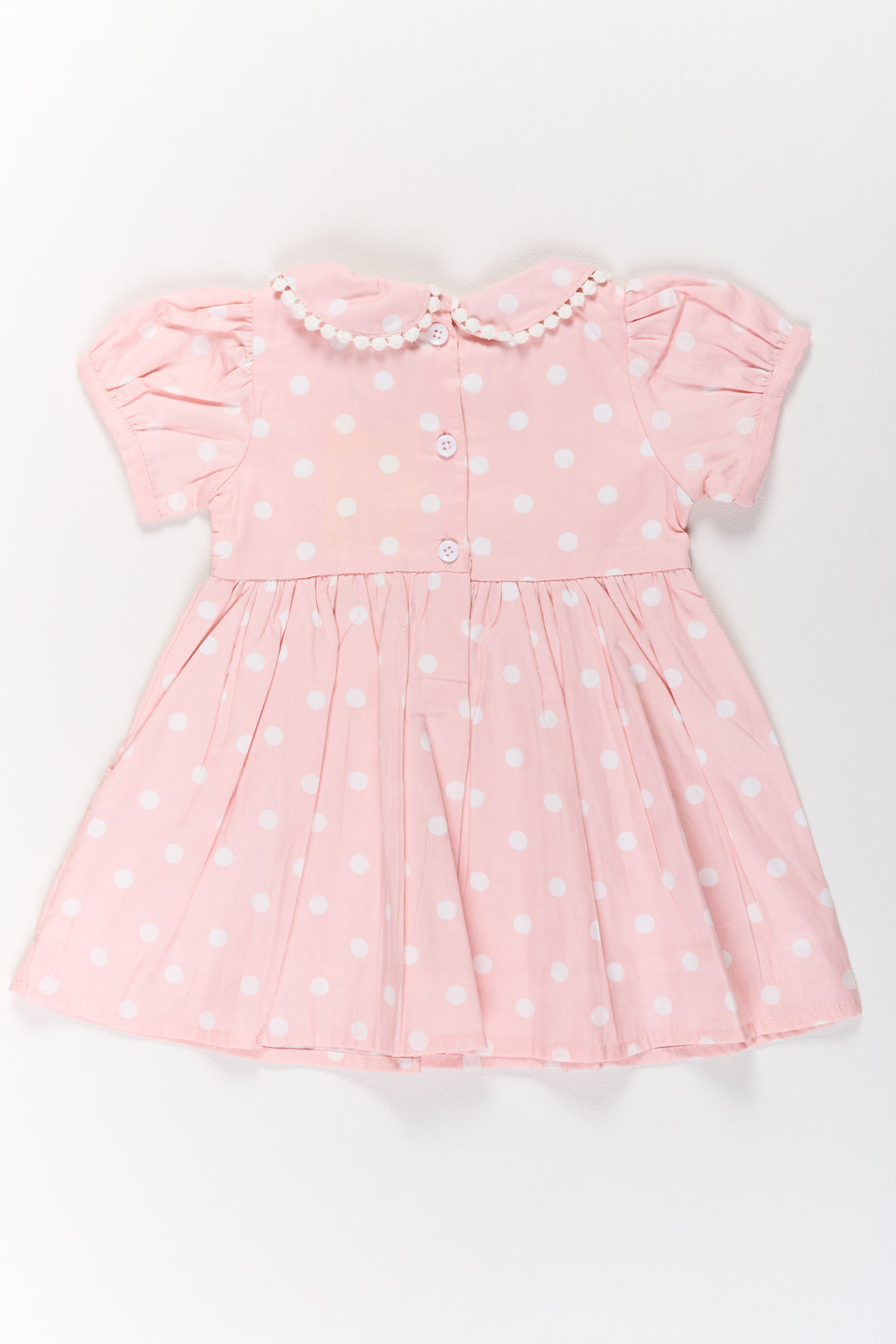 Ethnic Attire for Girls in Pink Polka Dot Print with Lace Collar and Puff Sleeves