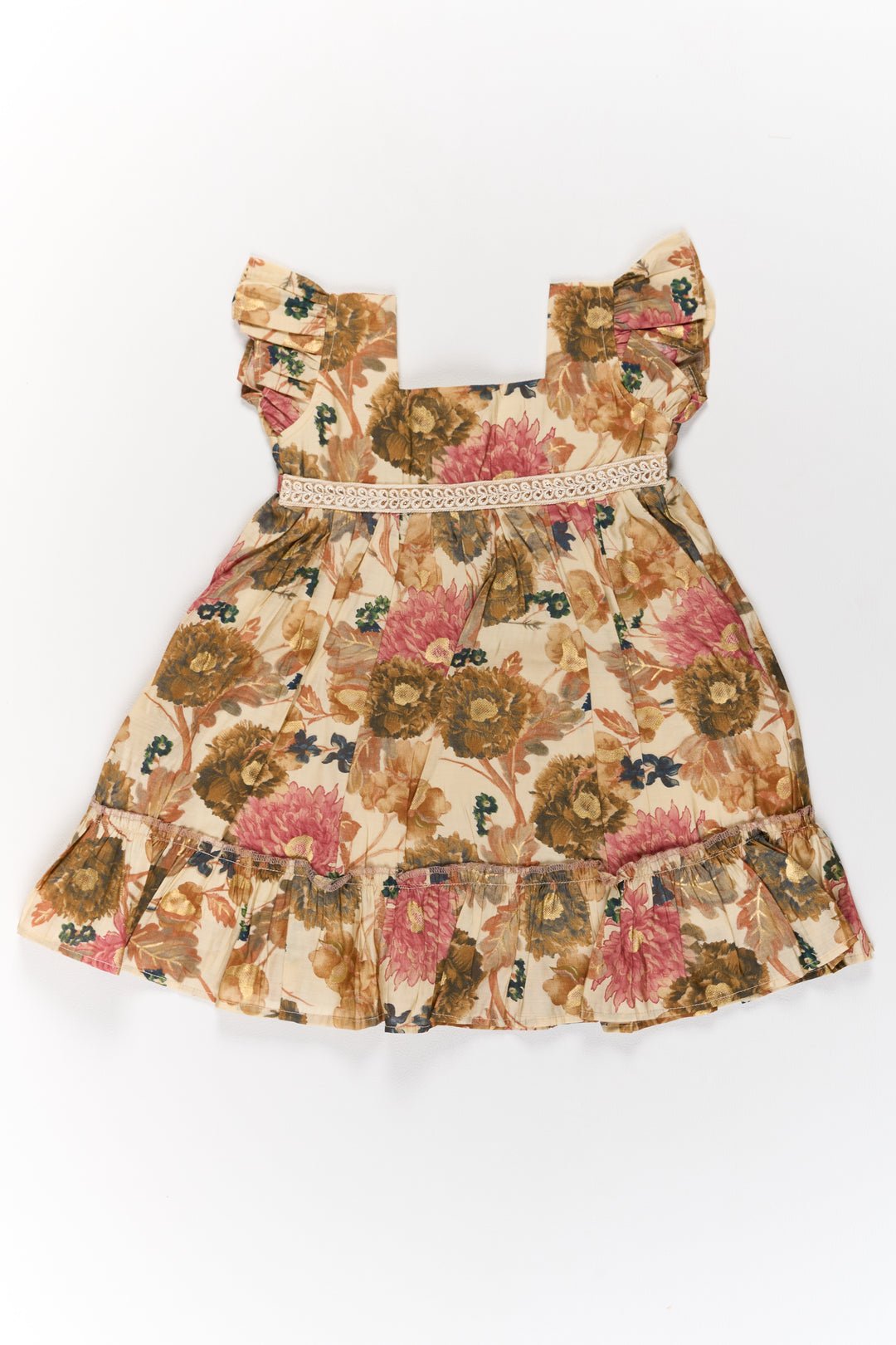 Long Cotton Frock for Girls in Beige Floral Design with Ruffle Details