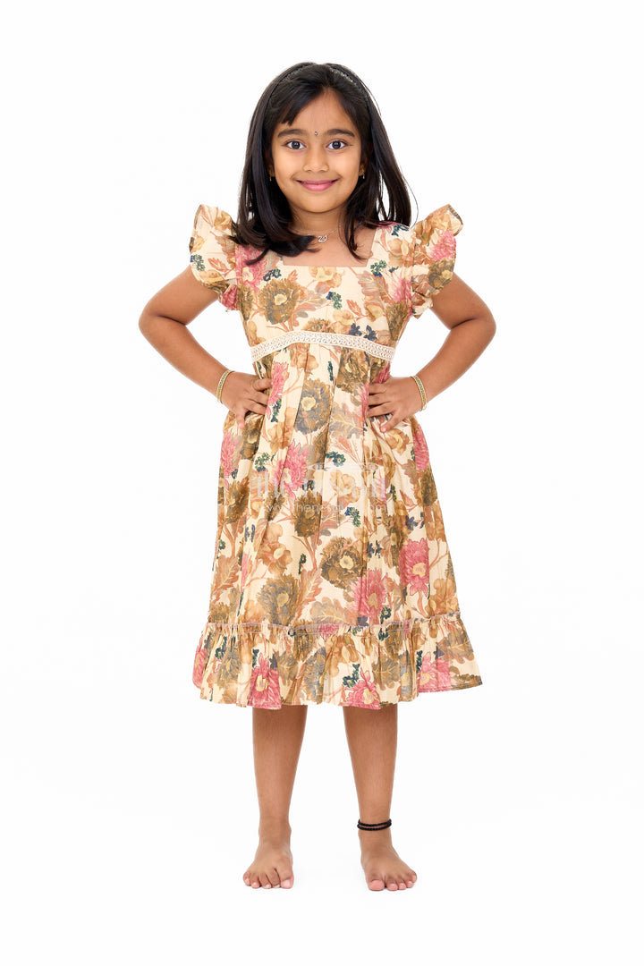 Long Cotton Frock for Girls in Beige Floral Design with Ruffle Details