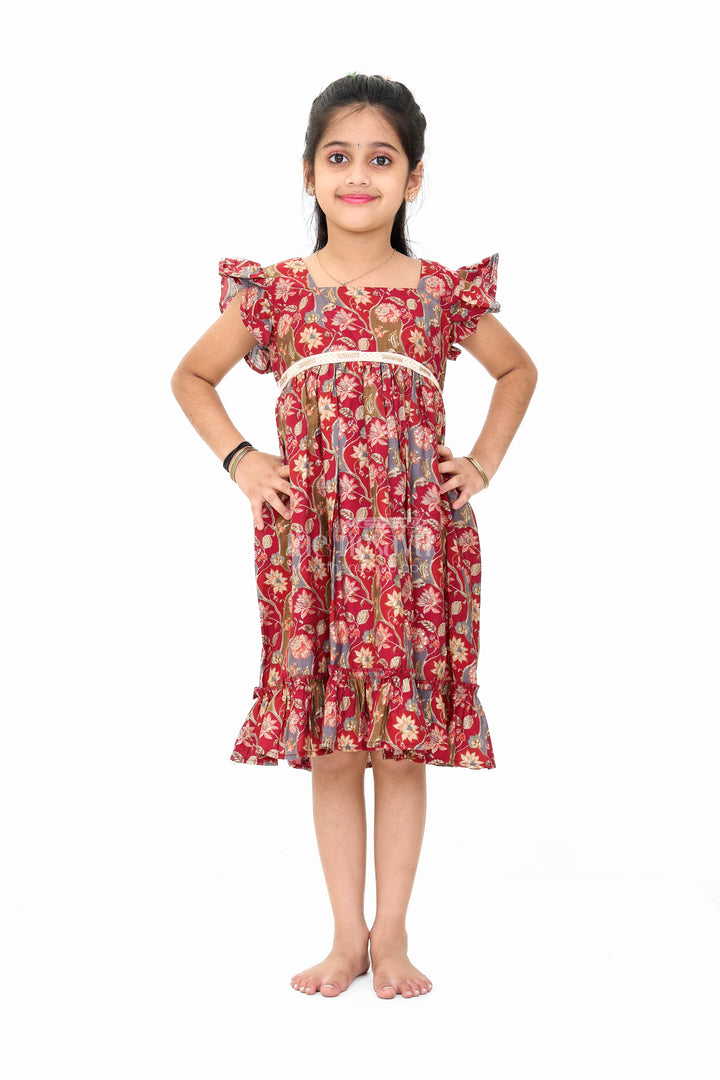 Party Wear Gown for Girls in Red Floral Print with Ruffled Hem