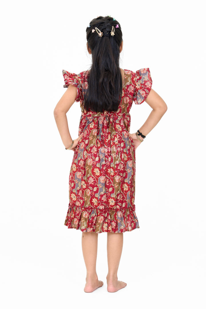 Party Wear Gown for Girls in Red Floral Print with Ruffled Hem