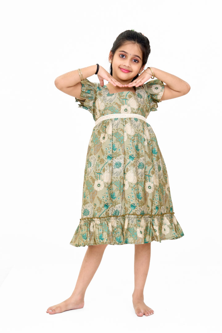 Long Frock for Girls in Green Floral Design with Lace Waist and Ruffle Hem