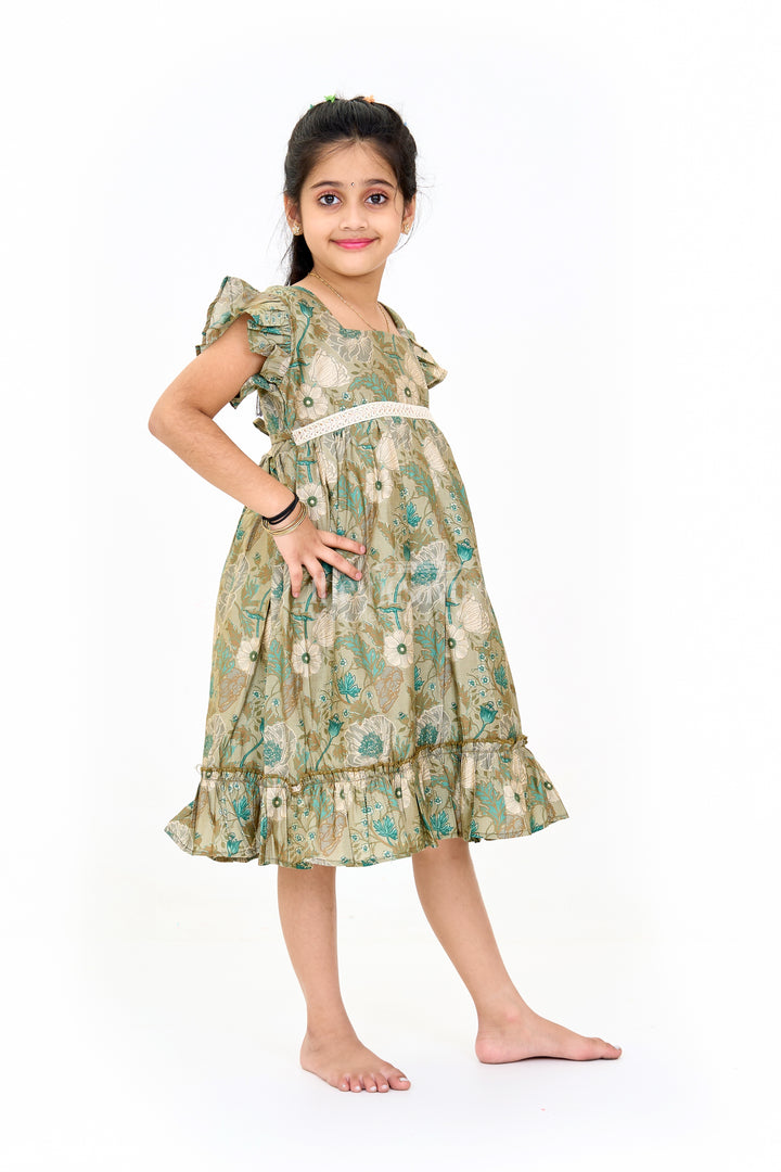 Long Frock for Girls in Green Floral Design with Lace Waist and Ruffle Hem