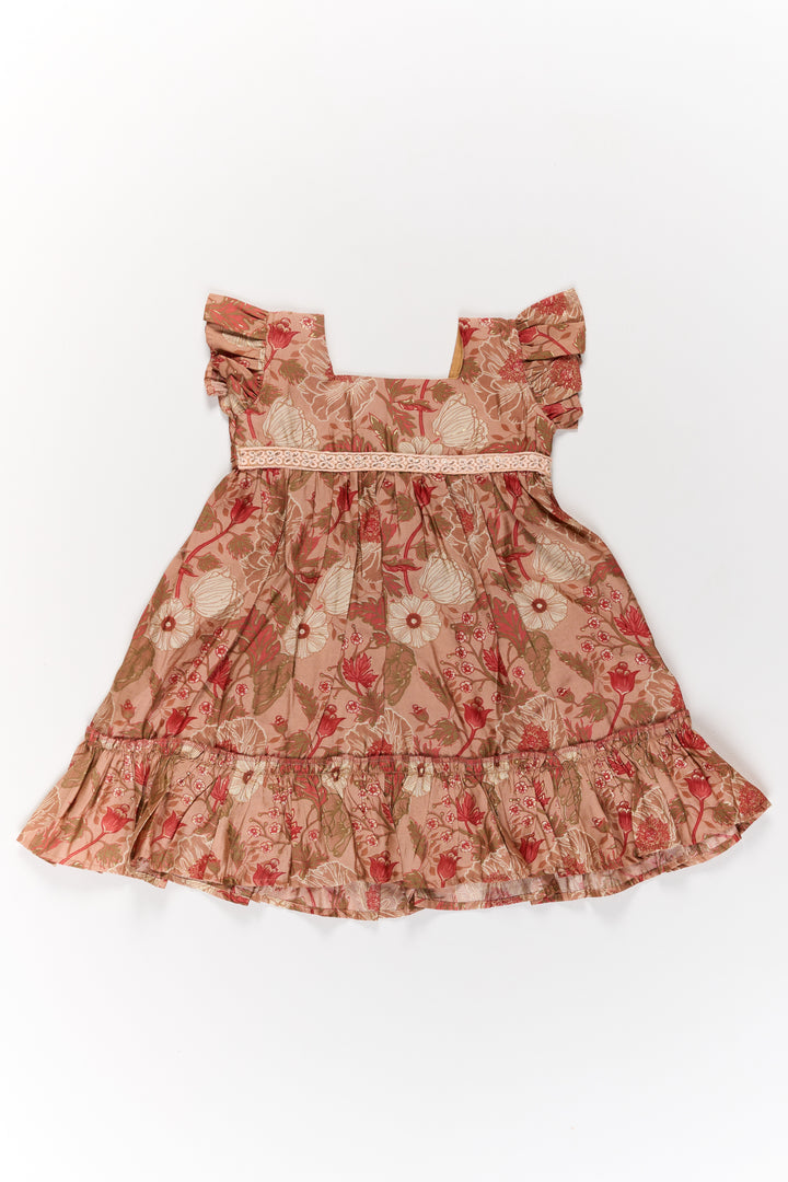 Frills Frock for Girls in Warm Beige Floral Print with Lace Detailing