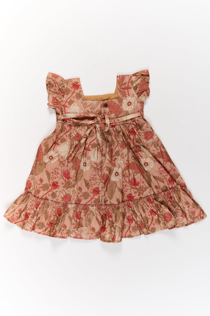 Frills Frock for Girls in Warm Beige Floral Print with Lace Detailing