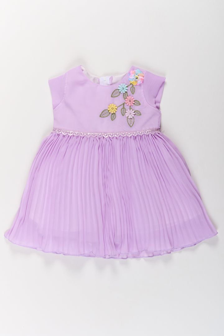 Girls Poly Georgette Fancy Party Frock in Lavender with Floral Appliqué