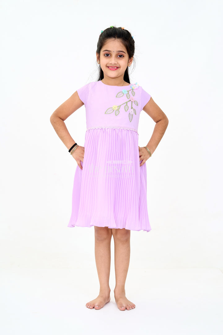 Girls Poly Georgette Fancy Party Frock in Lavender with Floral Appliqué