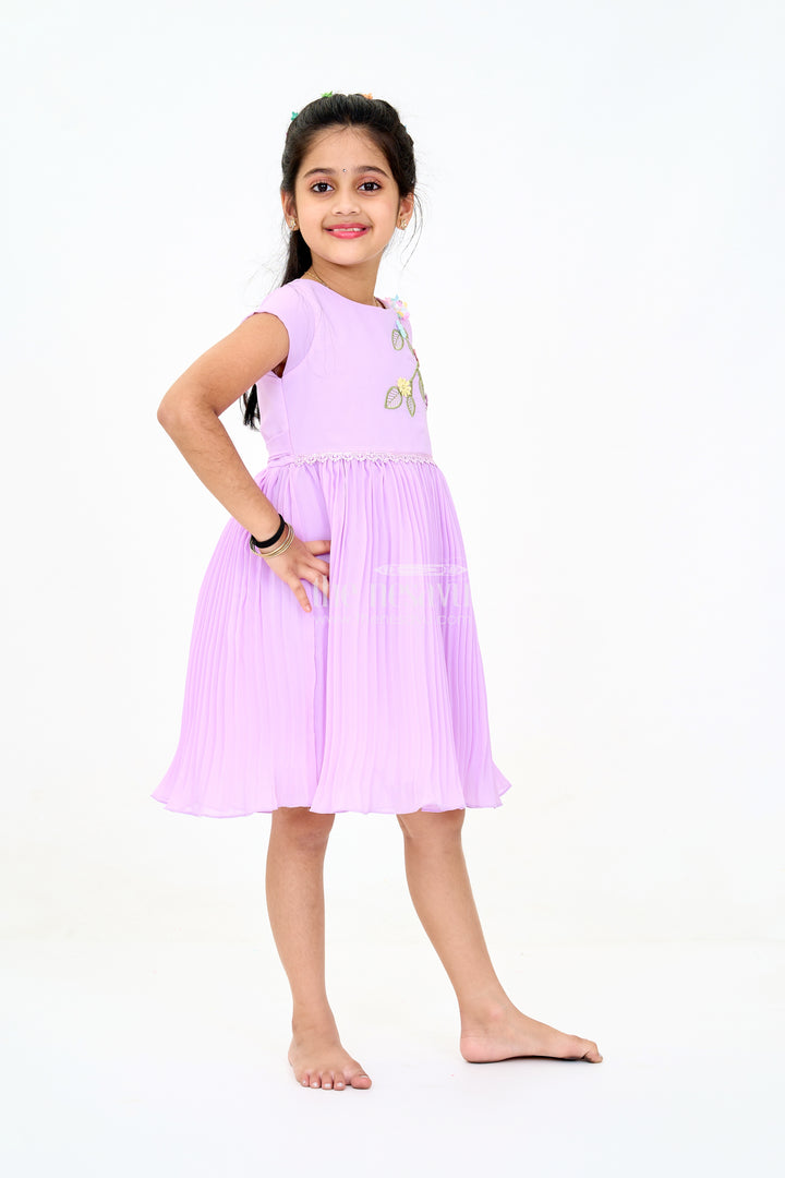 Girls Poly Georgette Fancy Party Frock in Lavender with Floral Appliqué