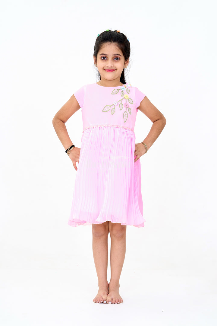 Girls Poly Georgette Party Frock in Baby Pink with Floral Embellishments and Lace Waist