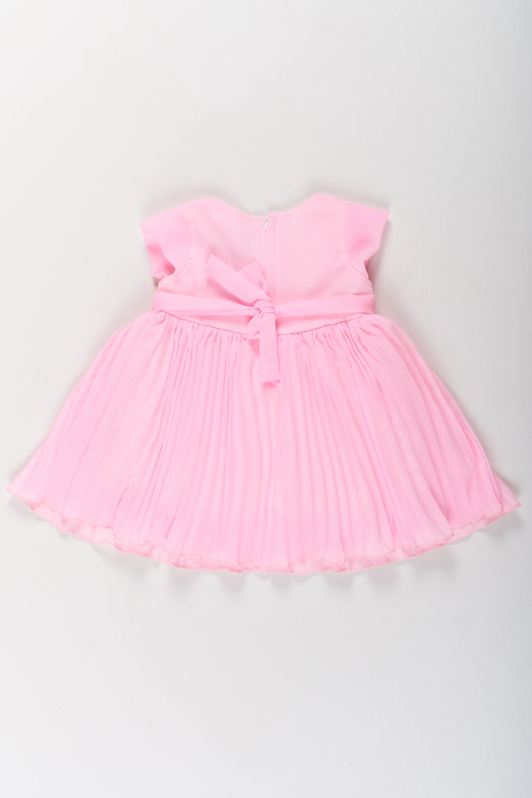 Girls Poly Georgette Party Frock in Baby Pink with Floral Embellishments and Lace Waist