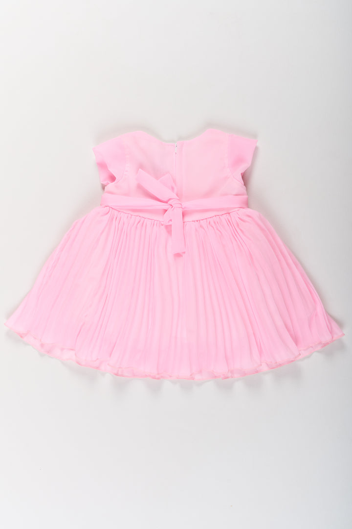 Girls Poly Georgette Party Frock in Baby Pink with Floral Embellishments and Lace Waist