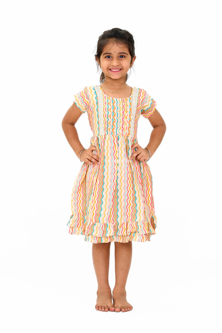 Multicolor Girls Cotton Frock with Striped Pattern and Sleeveless Design for Casual Wear