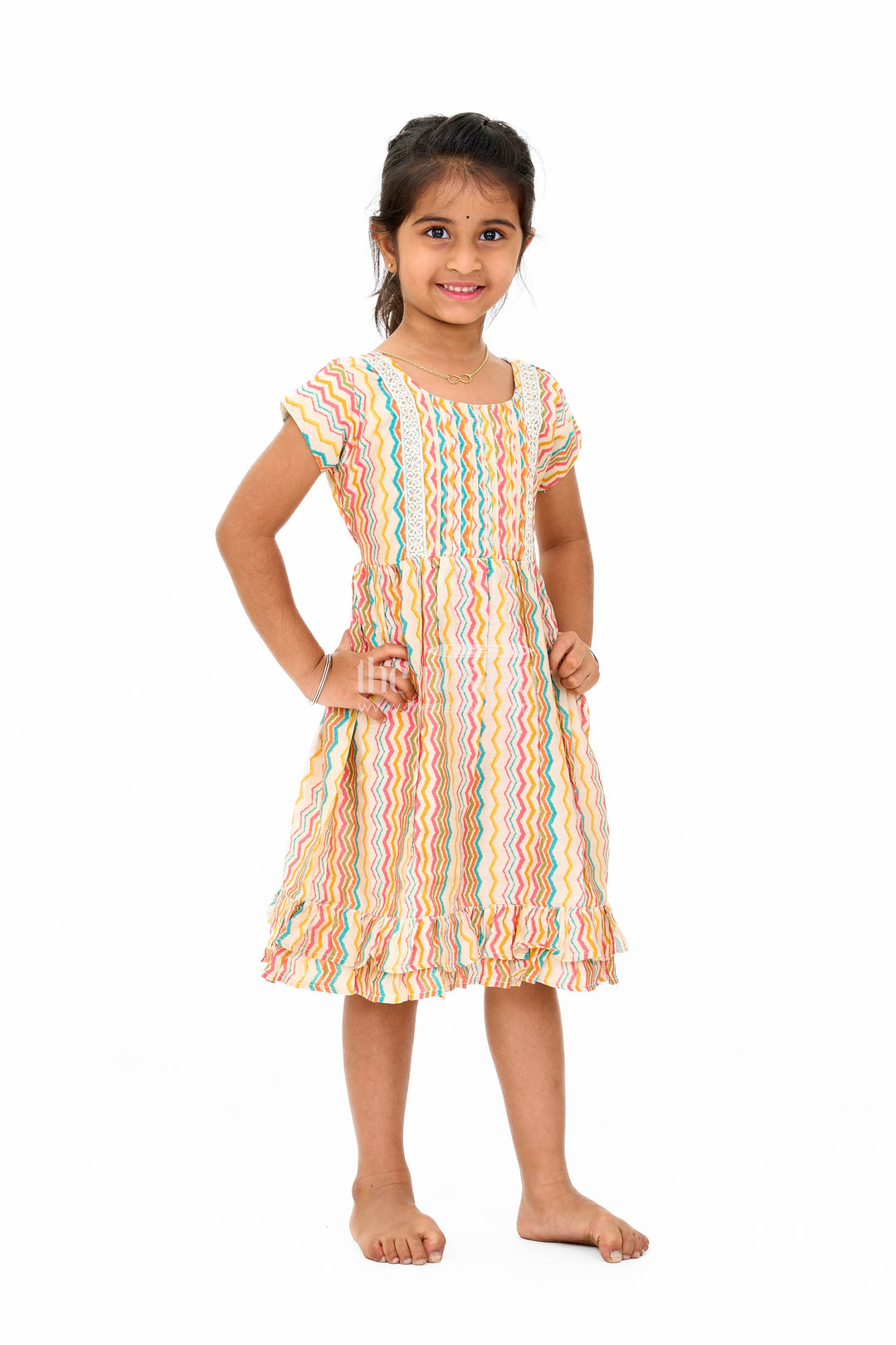 Multicolor Girls Cotton Frock with Striped Pattern and Sleeveless Design for Casual Wear