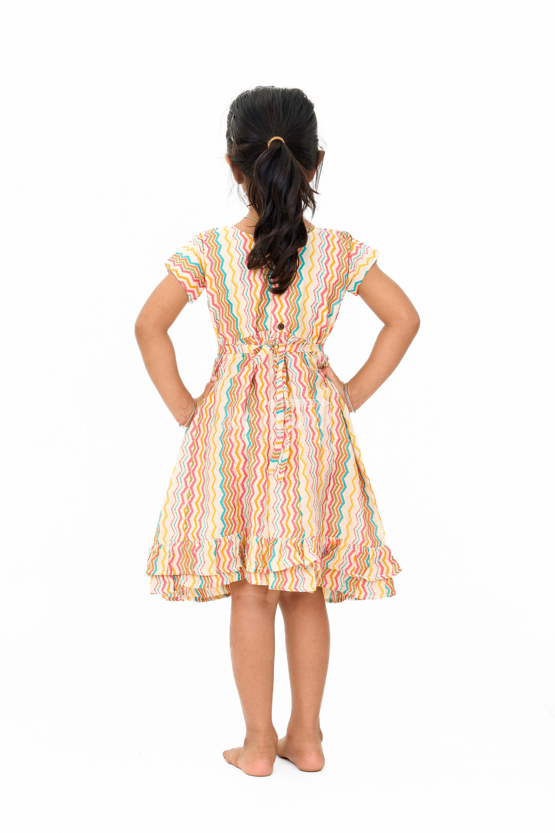 Multicolor Girls Cotton Frock with Striped Pattern and Sleeveless Design for Casual Wear