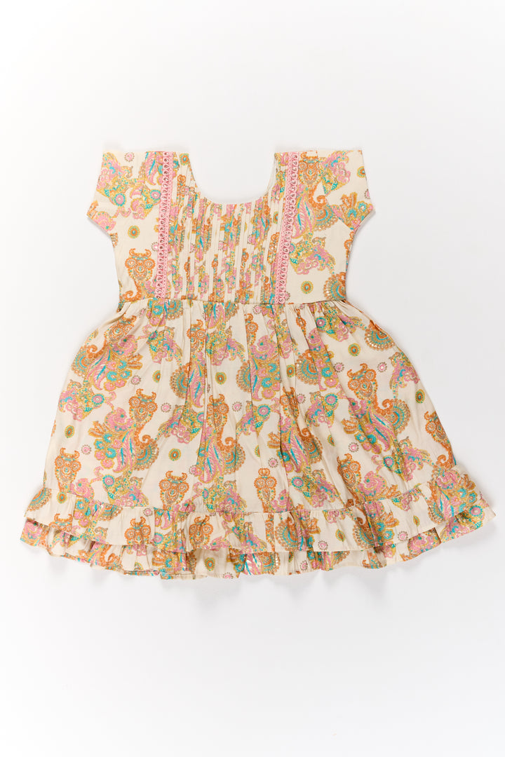 Charming Multicolor Girls Cotton Midi Frock with Floral Prints and Ruffled Hem