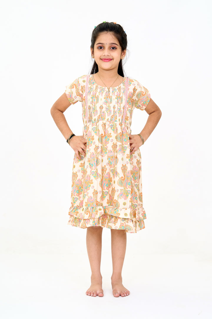 Charming Multicolor Girls Cotton Midi Frock with Floral Prints and Ruffled Hem