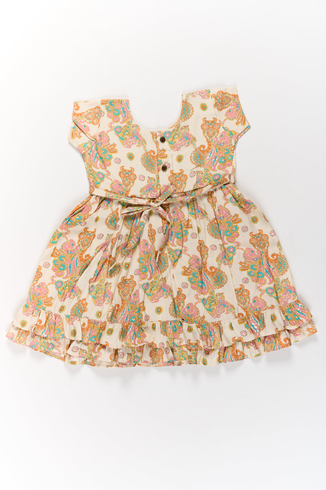 Charming Multicolor Girls Cotton Midi Frock with Floral Prints and Ruffled Hem