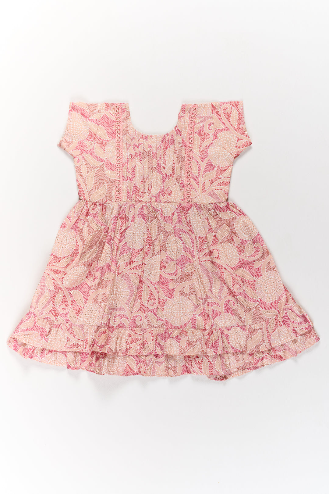 Lightweight Pink Cotton Summer Frock for Girls with Floral Print and Ruffled Sleeves