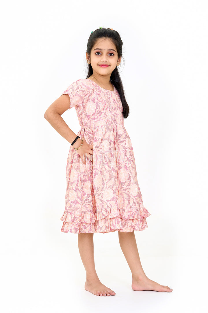 Lightweight Pink Cotton Summer Frock for Girls with Floral Print and Ruffled Sleeves