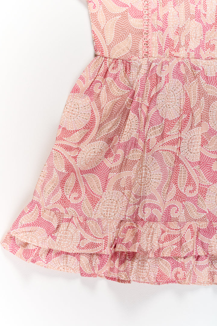 Lightweight Pink Cotton Summer Frock for Girls with Floral Print and Ruffled Sleeves