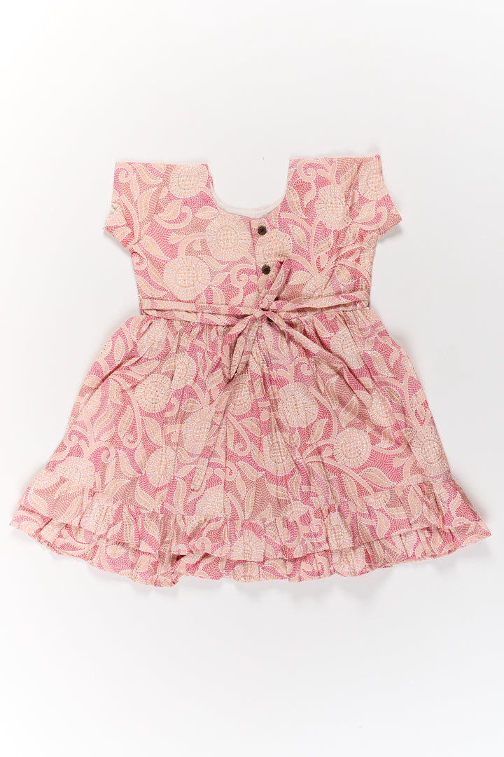 Lightweight Pink Cotton Summer Frock for Girls with Floral Print and Ruffled Sleeves