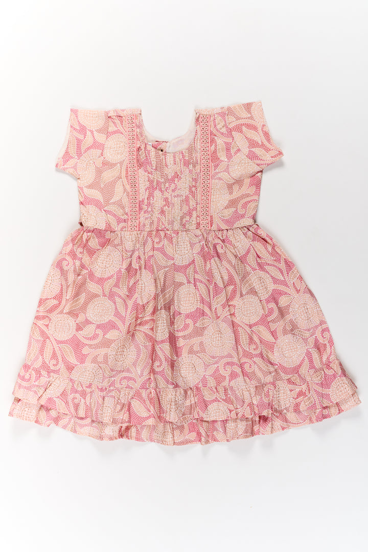 Charming Pink Cotton Girls Frock with Floral Patterns and Ruffled Sleeves for Everyday Wear