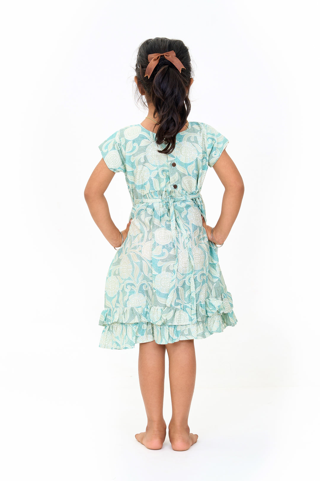 Elegant Green Cotton Designer Frock for Girls with Floral Prints and Frill Details