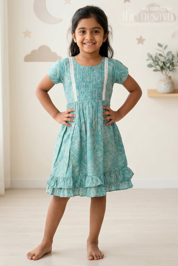 Elegant Green Cotton Girls Frock with Floral Print and Lace Detailing for Casual Wear