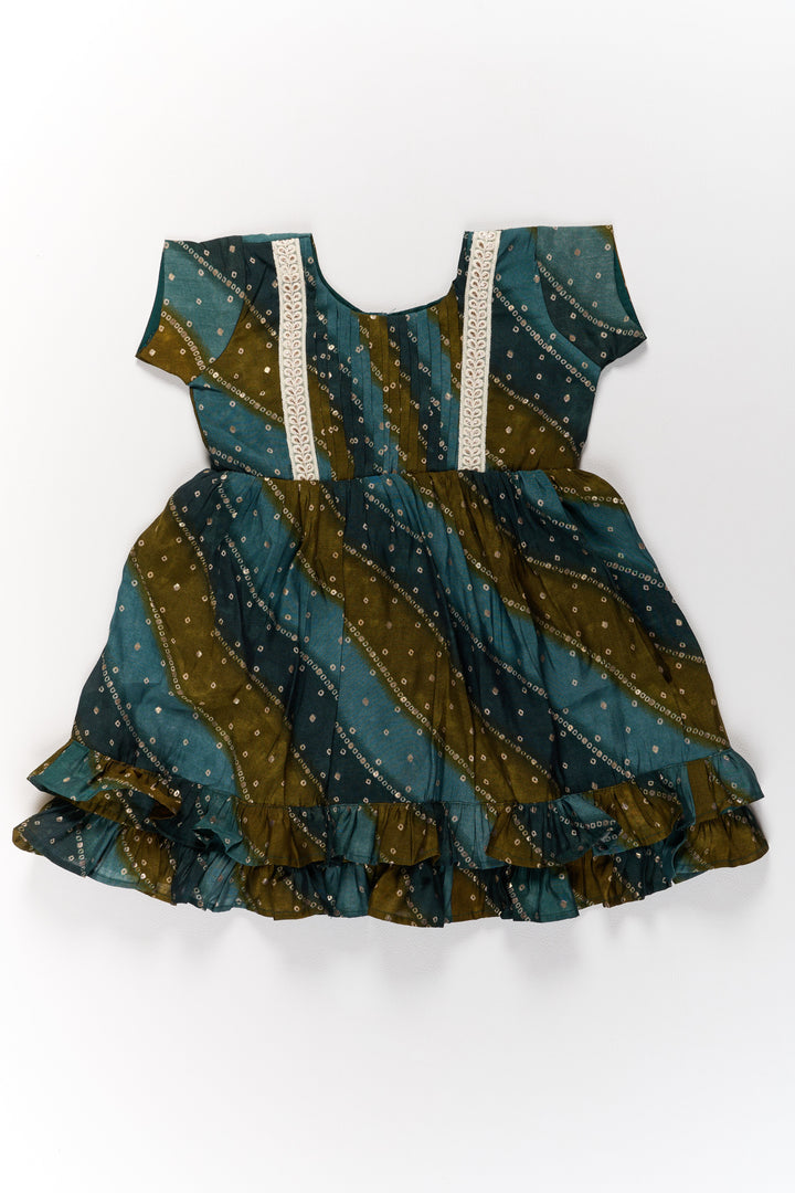 Stylish Green Cotton Aesthetic Frock for Girls with Layered Design and Gold Accents