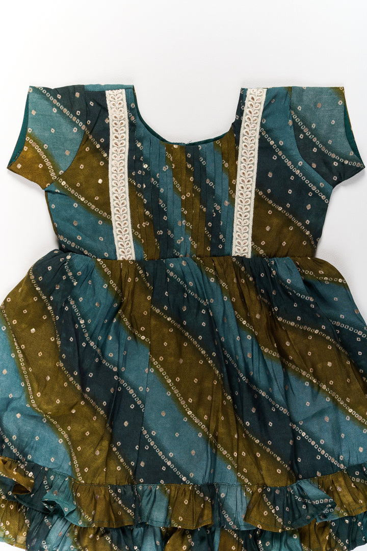 Stylish Green Cotton Aesthetic Frock for Girls with Layered Design and Gold Accents