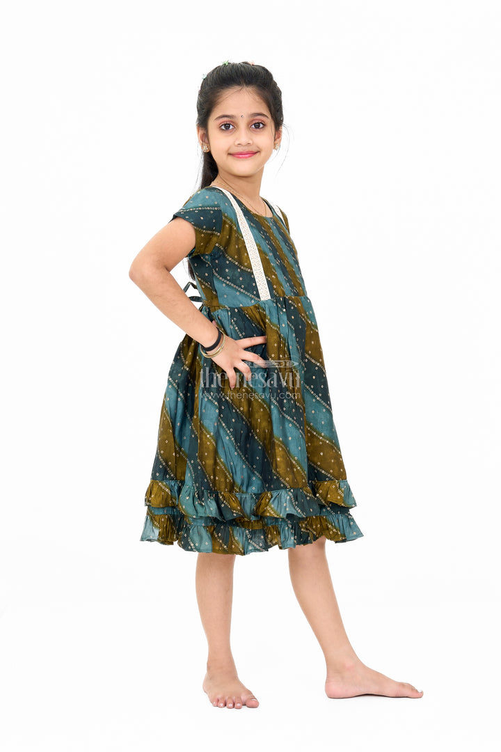 Stylish Green Cotton Aesthetic Frock for Girls with Layered Design and Gold Accents