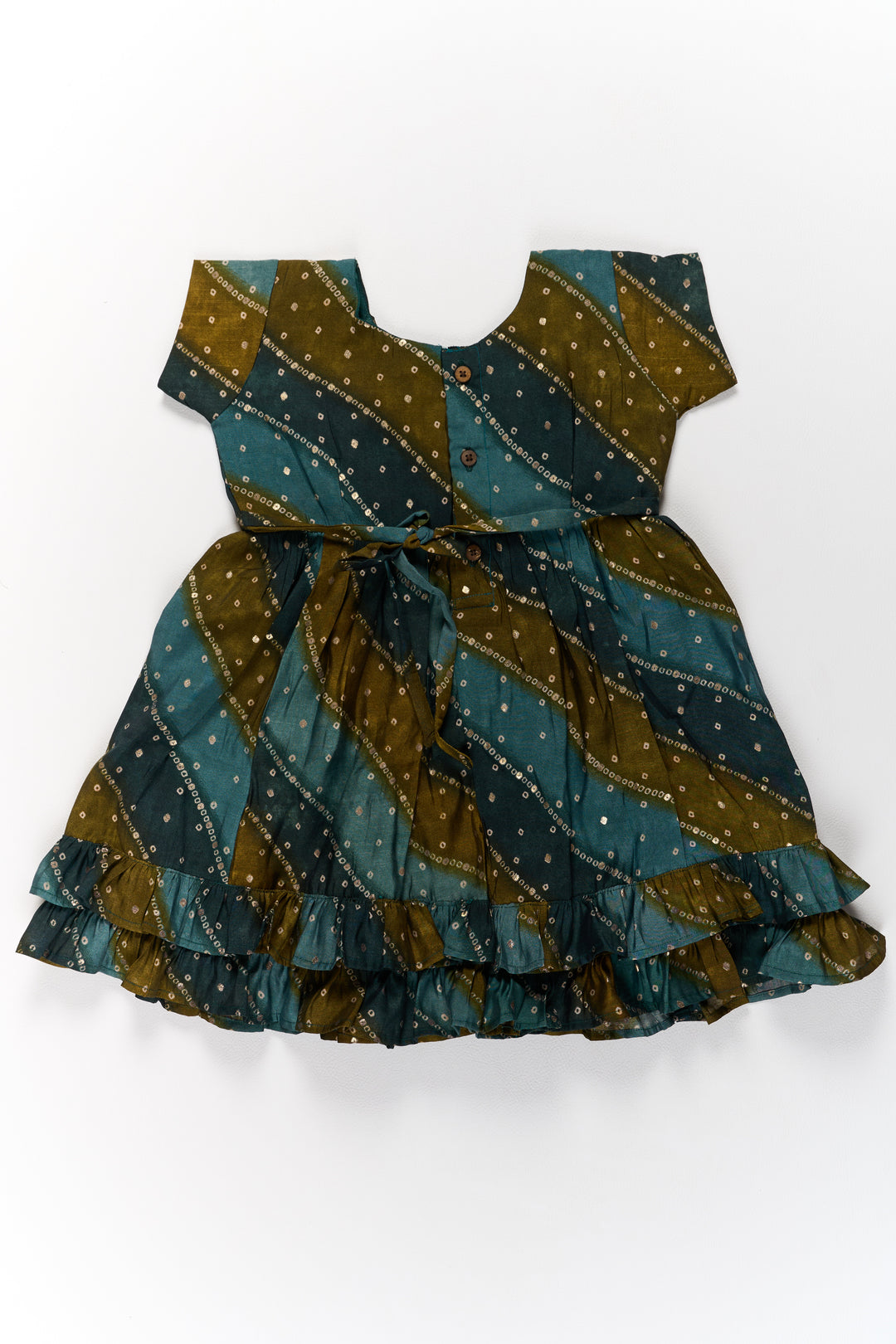 Stylish Green Cotton Aesthetic Frock for Girls with Layered Design and Gold Accents