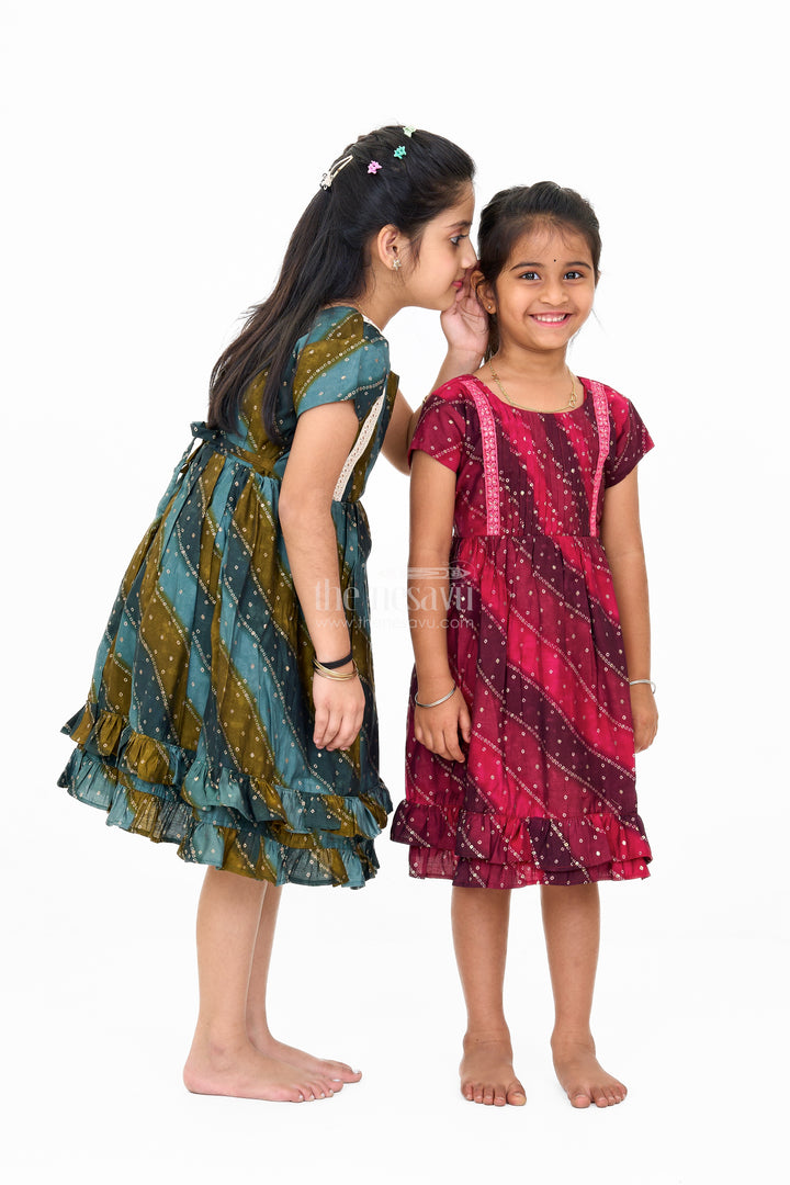 Stylish Green Cotton Aesthetic Frock for Girls with Layered Design and Gold Accents