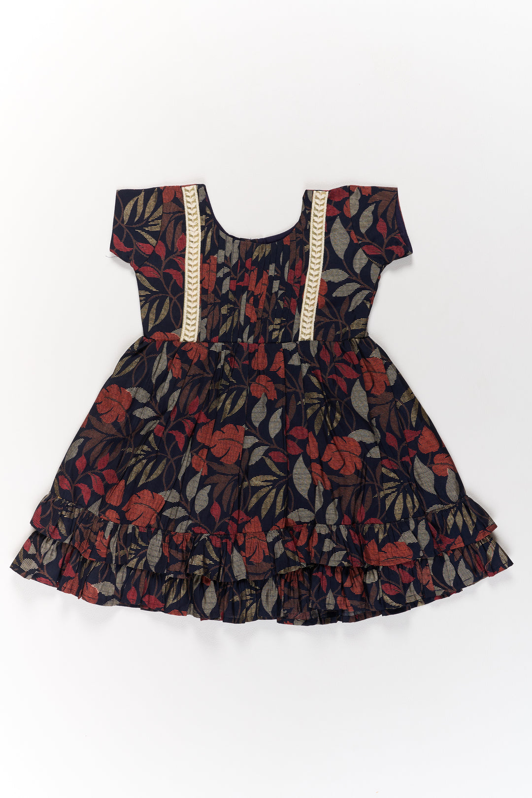 Charming Black Cotton Party Frock for Girls with Elegant Leaf Print and Frill Hem