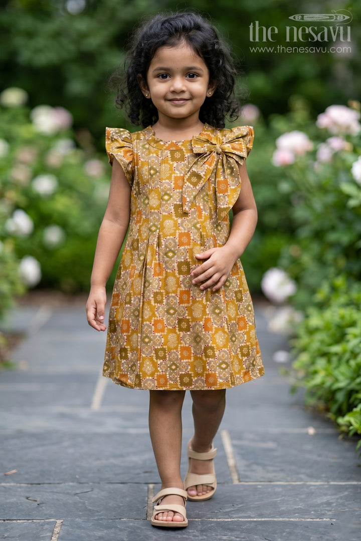 Girls Casual Frock in Muslin Silk with Elegant Bow and Pleated Design