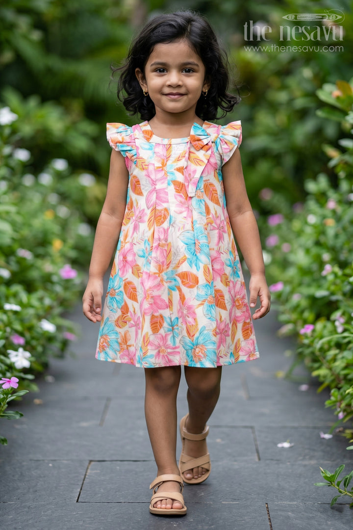 Girls Trendy Floral Long Frock in Muslin Silk with Elegant Pleats and Bow Detail