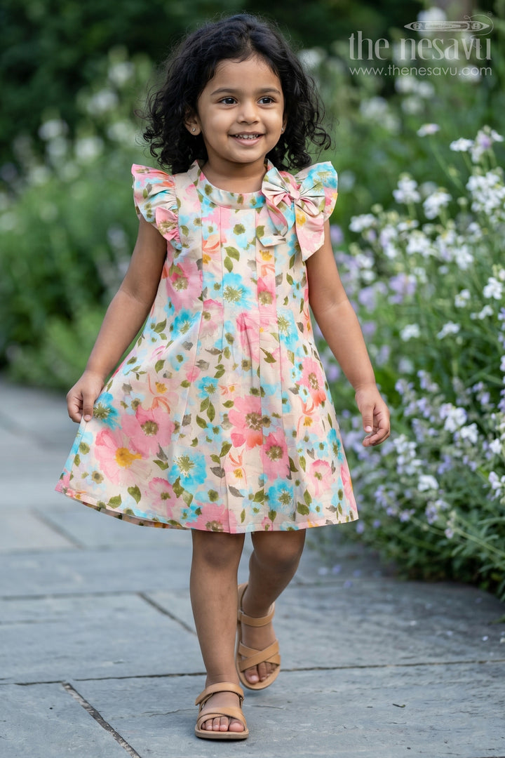 Girls Casual Frocks in Muslin Silk with Soft Floral Print and Stylish Bow